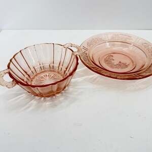 Pink Depression Glass Bowls Two Handle Bowl Floral Tea Party Vintage Set of 2